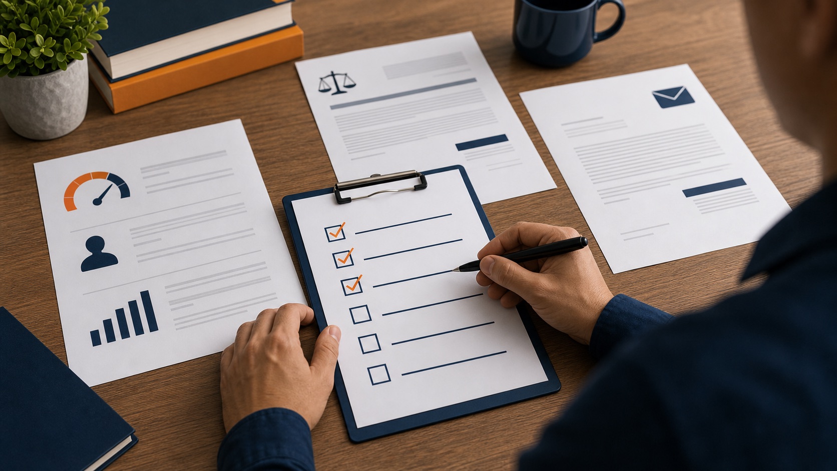 Pessoa organizando checklist, consulta de crédito e documentos de cobrança