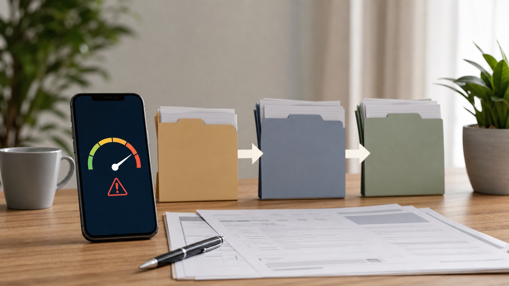Mesa com celular, documentos de dívida e pastas representando uma cadeia de cessão de crédito