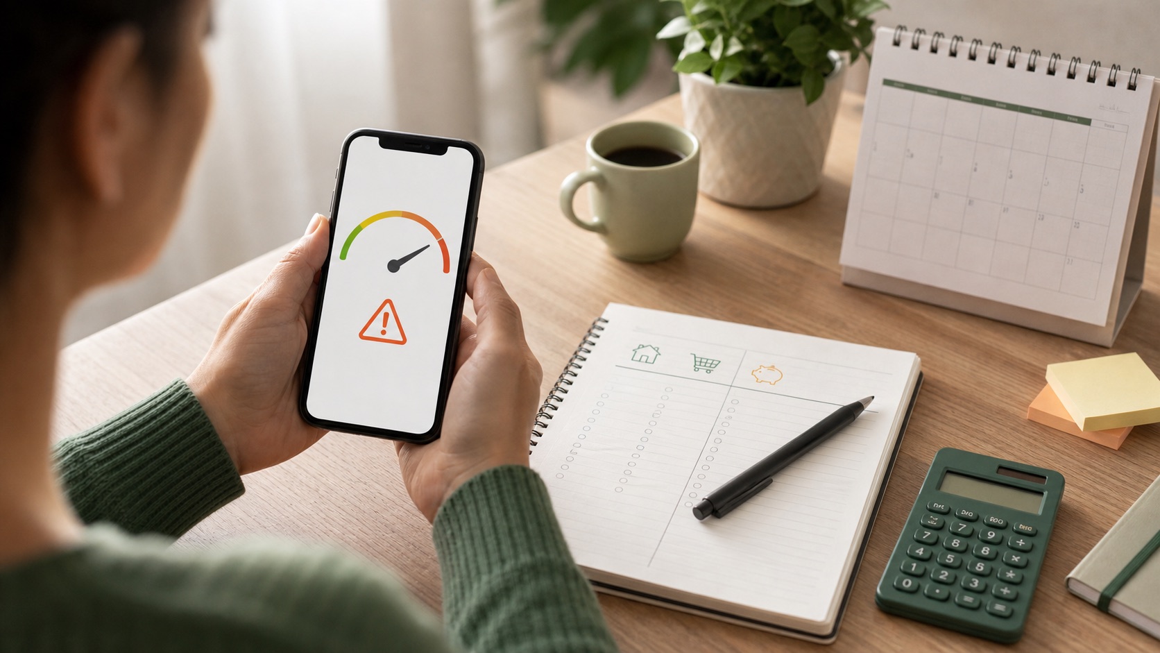 Pessoa verificando no celular uma anotação de crédito e um caderno de orçamento